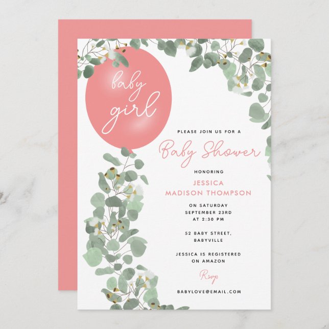 Invitación Chica moderno Eucalyptus Balón rosa Baby Shower (Anverso / Reverso)