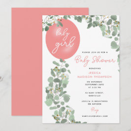 Invitación Chica moderno Eucalyptus Balón rosa Baby Shower