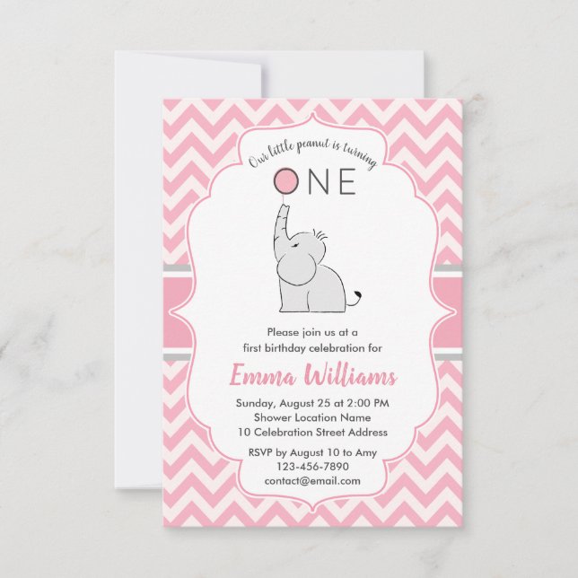 Invitación Chica moderno lindo Elefante Gris rosa rosa primer (Anverso)