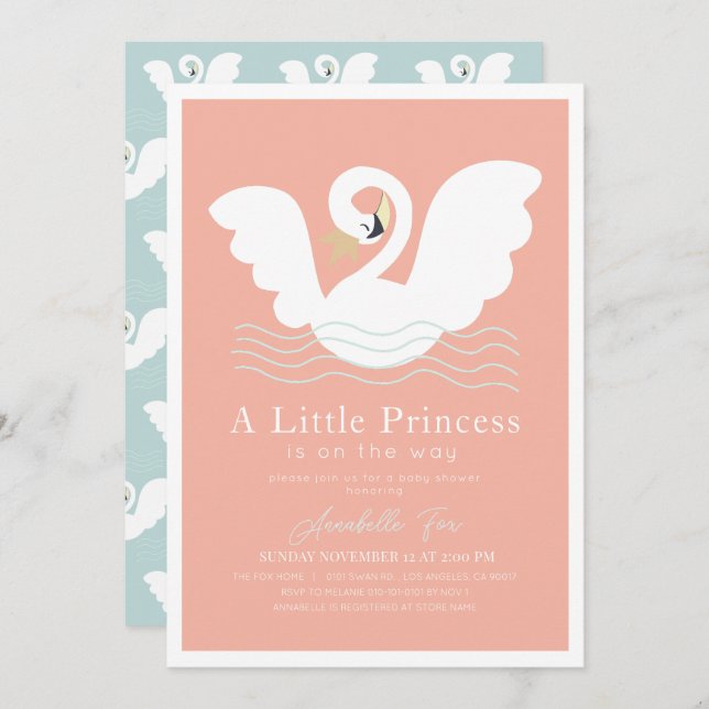 Invitación Chica moderno rosa de la Princesa de Swan Baby Sho (Anverso / Reverso)