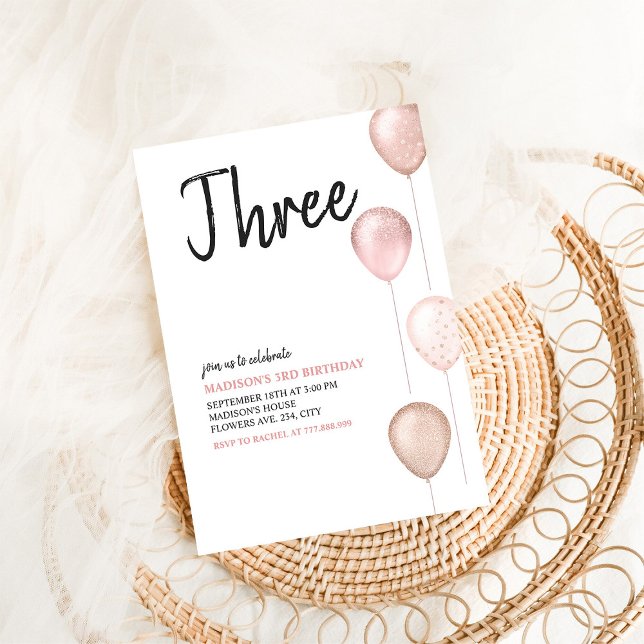Invitación Chica moderno simple 3er globos rosados Cumpleaños (Subido por el creador)