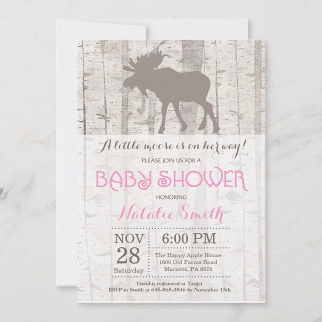 Invitación Chica Moose Invitó a Baby Shower a un bosque rústi (Anverso)