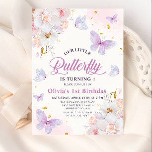 Invitación Chica morado de mariposa floral Cumpleaños