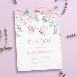 Invitación Chica morado de mariposa floral rosa Baby Shower
