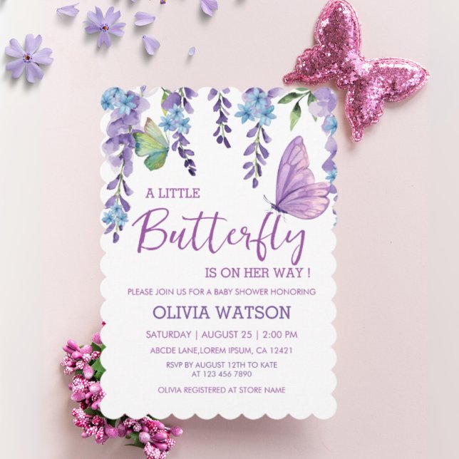 Invitación Chica morado de mariposa floral rosa Baby Shower (Subido por el creador)
