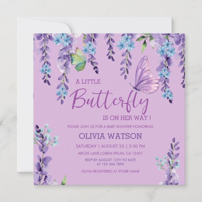 Invitación Chica morado de mariposa floral rosa Baby Shower (Anverso)