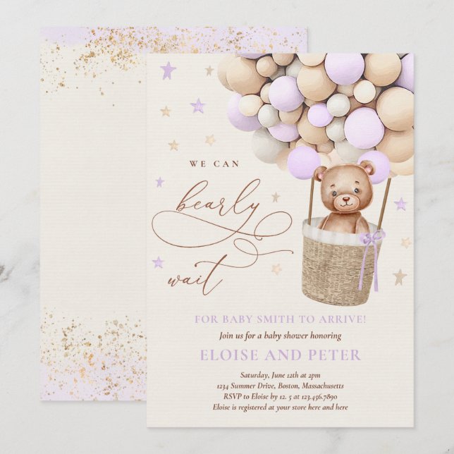 Invitación Chica morado de Teddy Bear Balloon Baby Shower (Anverso / Reverso)