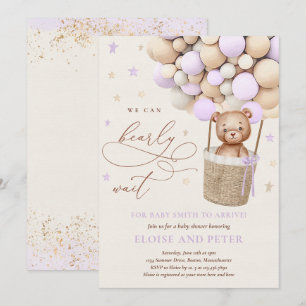 Invitación Chica morado de Teddy Bear Balloon Baby Shower
