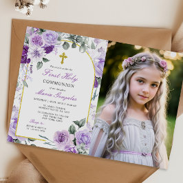 Invitación Chica morado floral primera foto de la comunión sa