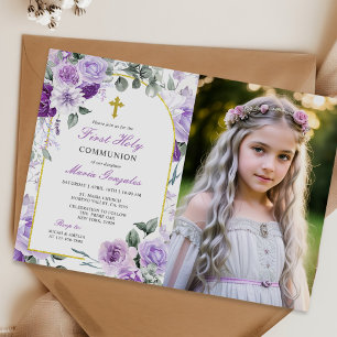 Invitación Chica morado floral primera foto de la comunión sa