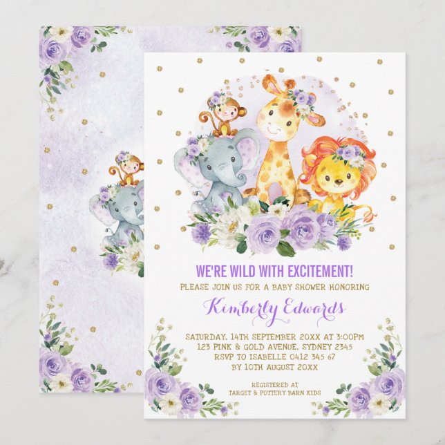Invitación Chica morado Jungle Safari Baby Shower (Anverso / Reverso)