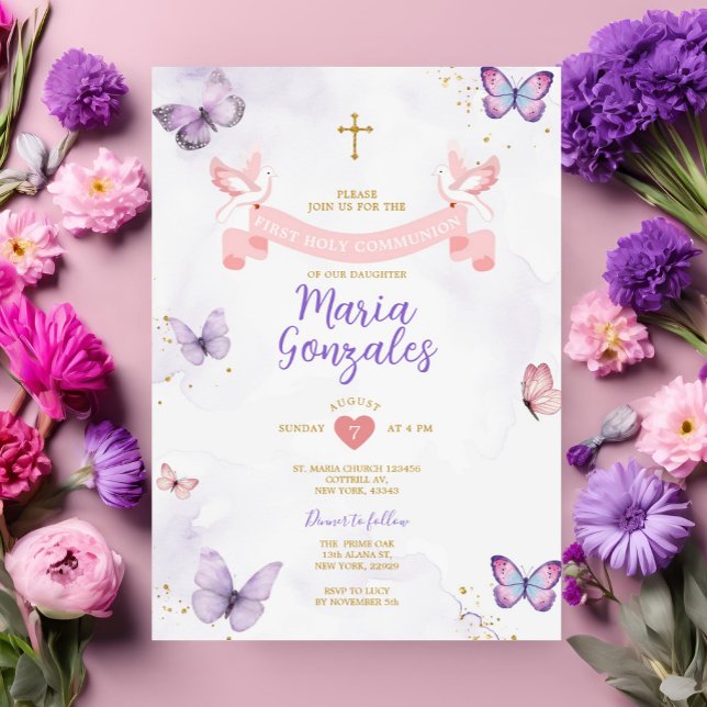 Invitación Chica morado y rosa primero mariposa de la comunió (Subido por el creador)