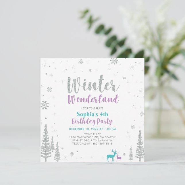Invitación Chica Morado y Verde azulado de Invierno Maravilla (Anverso de pie)