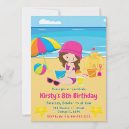 Invitación Chica Morena Linda Cumpleaños de Verano en la Play