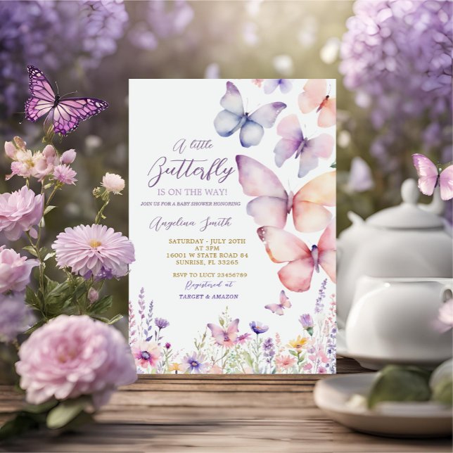 Invitación Chica Morple Wildflower Butterfly Baby Shower (Subido por el creador)