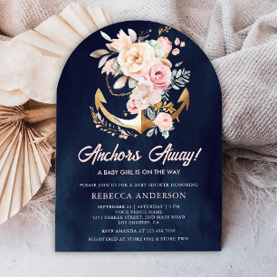 Invitación Chica náutica ancla floral boho baby shower azul m