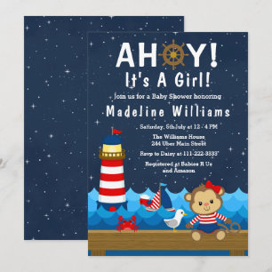 Invitación Chica Náutica Mono Rojo y Azul Marino Baby Shower