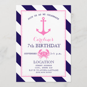 Invitación Chica Nautical Birday Party - Anchor + Cangrejo