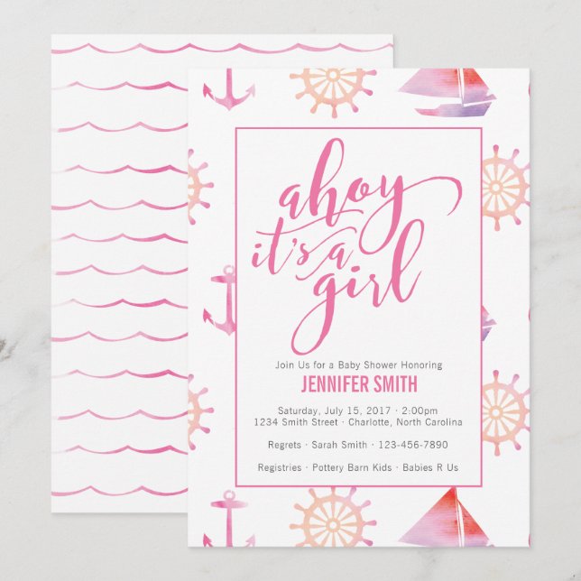Invitación Chica náutico Baby Shower (Anverso / Reverso)