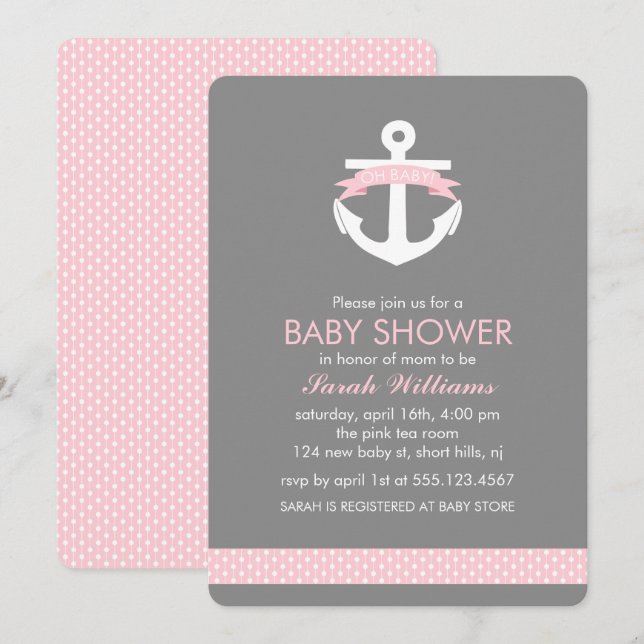 Invitación Chica náutico Baby Shower del ancla rosada linda (Anverso / Reverso)