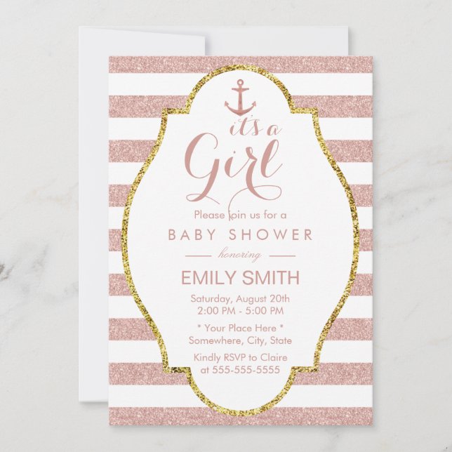 Invitación Chica náutico Baby Shower Rosa bandas de oro (Anverso)