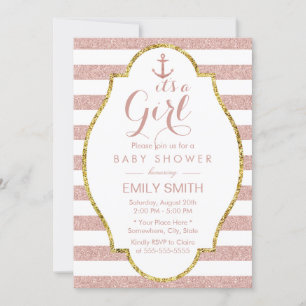 Invitación Chica náutico Baby Shower Rosa bandas de oro