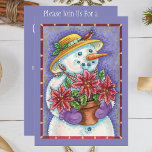 Invitación Chica Navidad con poinsettia<br><div class="desc">Ilustracion de época Diseño navideño navideño con una adorable y feliz mujer de nieve en invierno. El muñeco de nieve sonríe y sostiene una flor de puntiaguera y lleva puesto un gorra con un holly y un pájaro sentado en el borde. ¡Diseño divertido para una florista!</div>