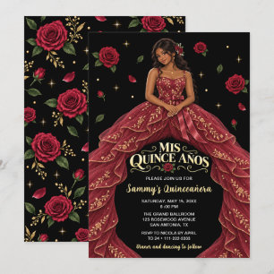 Invitación Chica Negra Burgundy Rose Quinceañera