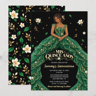 Invitación Chica Negra Esmeralda Verde Dorado Quinceañera
