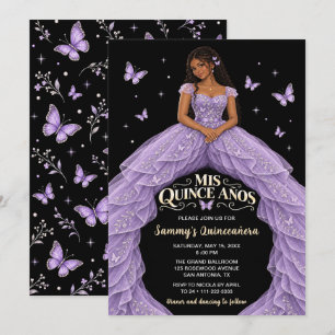 Invitación Chica Negra Mariposa Lavanda Quinceañera