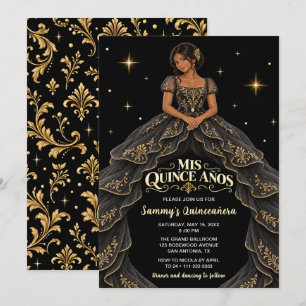 Invitación Chica Negra Oro Barroco Quinceañera