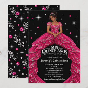 Invitación Chica Negra Princesa Rosa Quinceañera