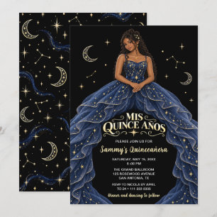 Invitación Chica Negra Quinceañera Azul Celestial Medianoche