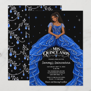 Invitación Chica Negra Royal Azul Plata Quinceañera
