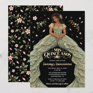 Invitación Chica Negra Sage Verde Floral Quinceañera
