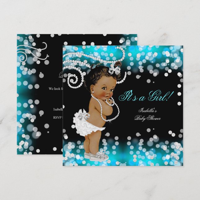 Invitación Chica negro azul Verde azulado purpurina de la etn (Anverso / Reverso)