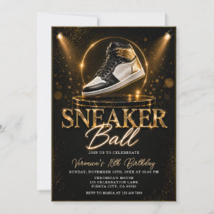 Invitación chica negro oro glamour cumpleaños 16 zapatillas b
