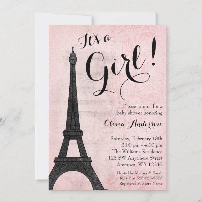 Invitación Chica negro rosado de París vintage Baby Shower (Anverso)