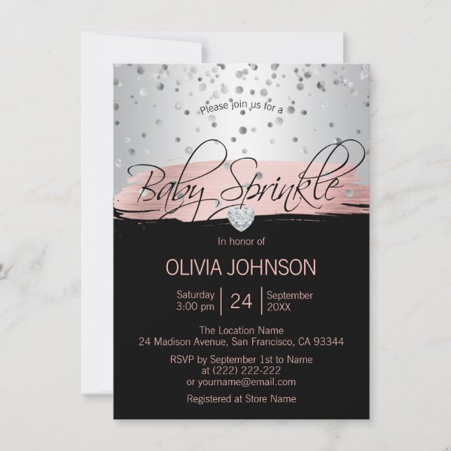 Invitación Chica negro rosado de plata personalizada Espolvor (Anverso)