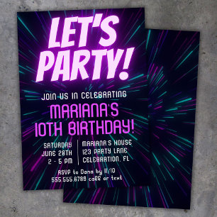 Invitación Chica Neon Purple Pink Birday Party