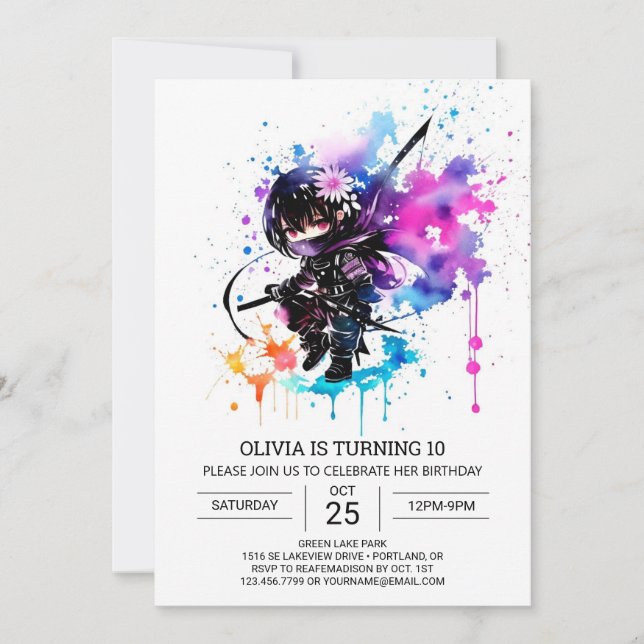 Invitación Chica Ninja moderno imprimible Cumpleaños (Anverso)
