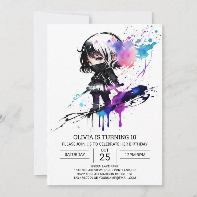 Invitación Chica Ninja Pastel Impreso Cumpleaños (Anverso)
