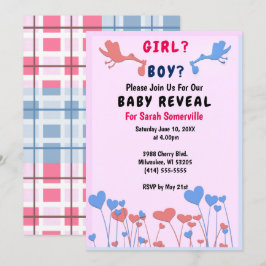Invitación Chica, niño revelado, cigüeñas, corazón flor Baby 