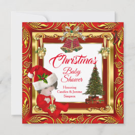 Invitación Chica o Chico de Navidad Ducha de Bebé Rojo Dorado