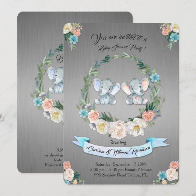 Invitación Chica o niño elefante Baby Shower, metalizado plat (Anverso / Reverso)