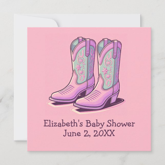 Invitación Chica occidental rosa Baby Shower Cowgirl Boots (Anverso)