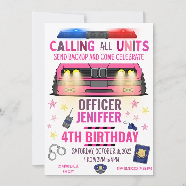 Invitación Chica Oficial de Policía Rosa Cumpleaños (Anverso)