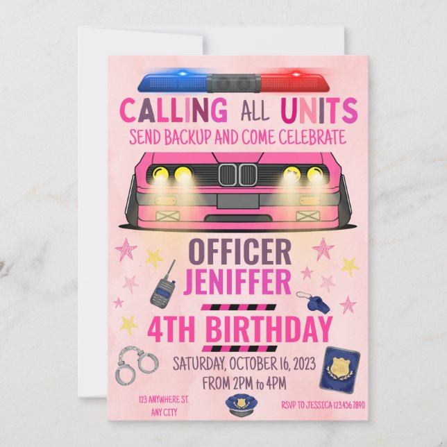 Invitación Chica Oficial de Policía Rosa Cumpleaños (Anverso)