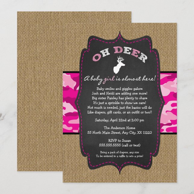 Invitación CHICA Oh Deer Buck Baby Sprinkle con camo (Anverso / Reverso)