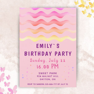 Invitación Chica Olas de Arcoíris Fiesta de Cumpleaños Rosa